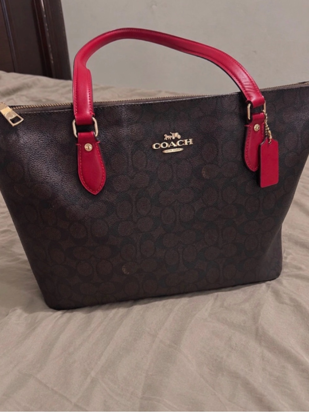 Coach Brown Signature Canvas Tote with Red Leather Handles